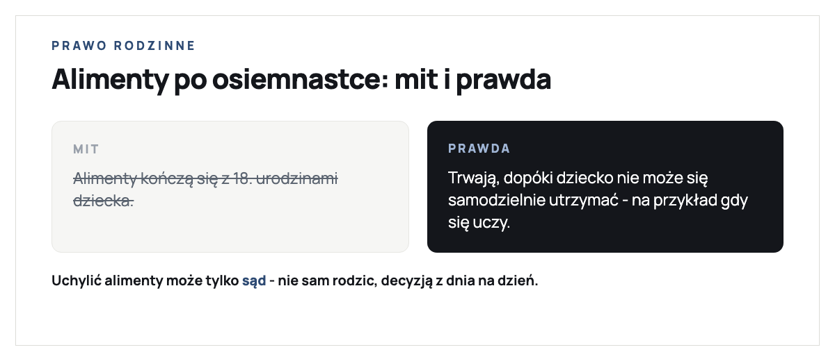 Alimenty po osiemnastce, mit i prawda. Mit: alimenty kończą się z 18. urodzinami dziecka. Prawda: trwają, dopóki dziecko nie może się samodzielnie utrzymać, na przykład gdy się uczy. Uchylić alimenty może tylko sąd, nie sam rodzic