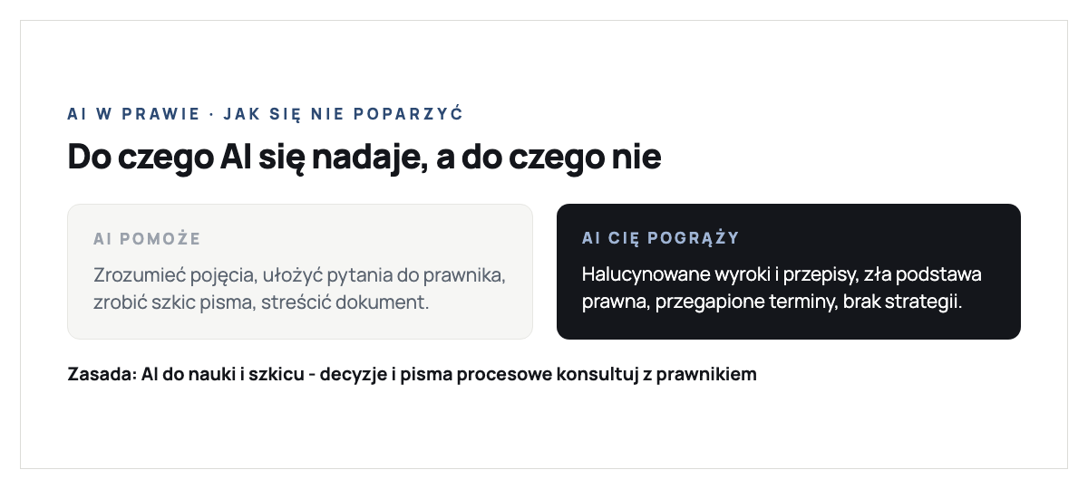 Do czego nadaje się sztuczna inteligencja w sprawach prawnych, a do czego nie: AI pomoże zrozumieć pojęcia, ułożyć pytania do prawnika, zrobić szkic pisma i streścić dokument; AI cię pogrąży przez halucynowane wyroki i przepisy, złą podstawę prawną, przegapione terminy i brak strategii