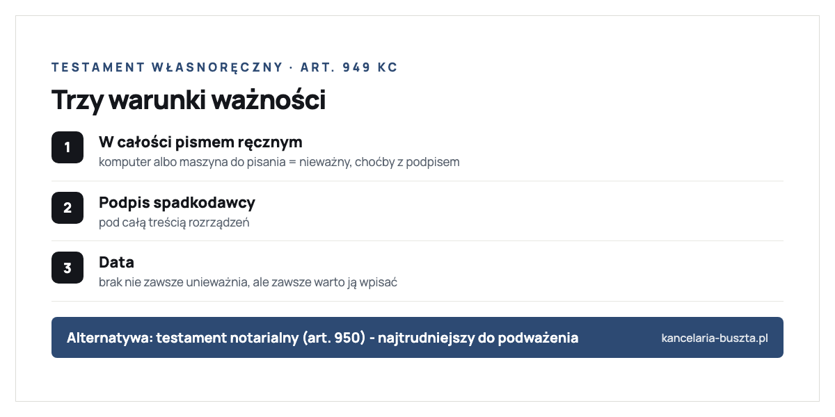 Trzy warunki ważności testamentu własnoręcznego według art. 949 Kodeksu cywilnego: napisany w całości pismem ręcznym - komputer albo maszyna do pisania powoduje nieważność, podpisany przez spadkodawcę pod całą treścią, oraz opatrzony datą przy czym brak daty nie zawsze unieważnia testament; alternatywą jest testament notarialny z art. 950, najtrudniejszy do podważenia