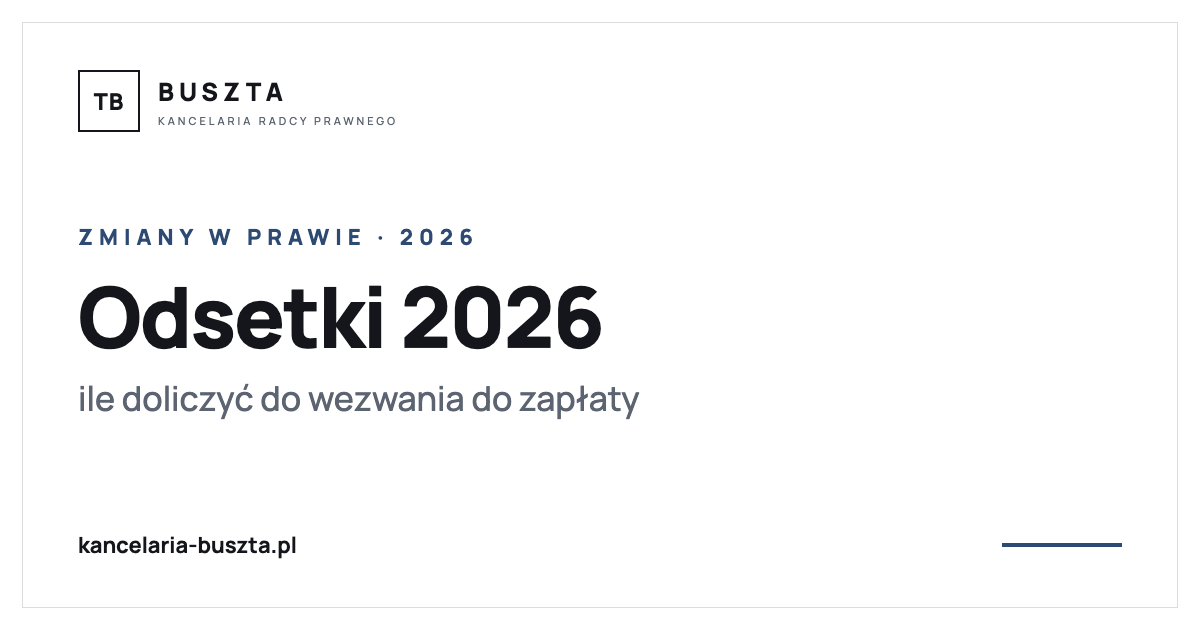 Odsetki za opóźnienie w 2026 r. - ile doliczyć do wezwania do zapłaty - poradnik prawny, kancelaria radcy prawnego Buszta